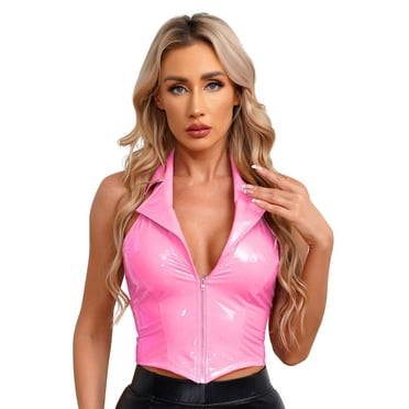DPOIS Womens Faux Leather Front Zipper Tank Tops Pink S