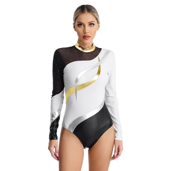 DPOIS Womens Long Sleeve Gymnastic Leotard Metallic Bodysuit Tops White S