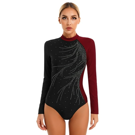 DPOIS Womens Long Sleeve Gymnastics Leotards Shiny Dance Ballet Unitards Bodysuit Burgundy L