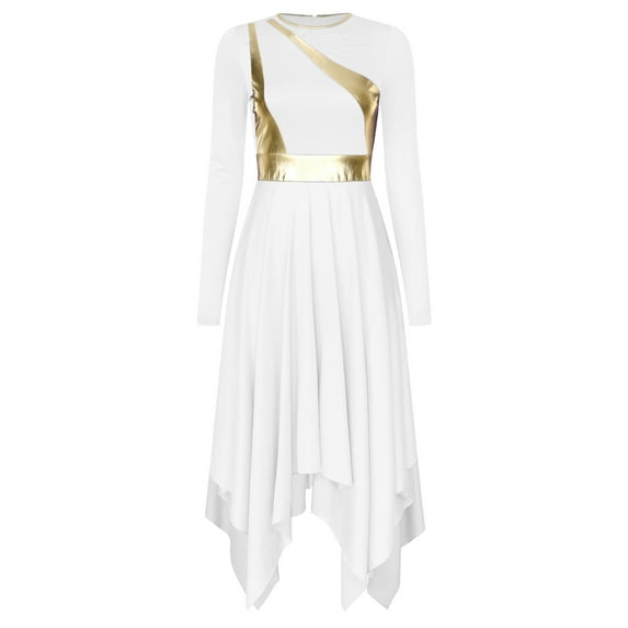 DPOIS Womens Long Sleeve Liturgical Praise Dance Dress Worship Dancewear White M