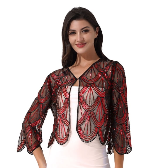 DPOIS Womens Long Sleeve Sequin Lace Shrug Scallop Hem Open Front Bolero Cardigan