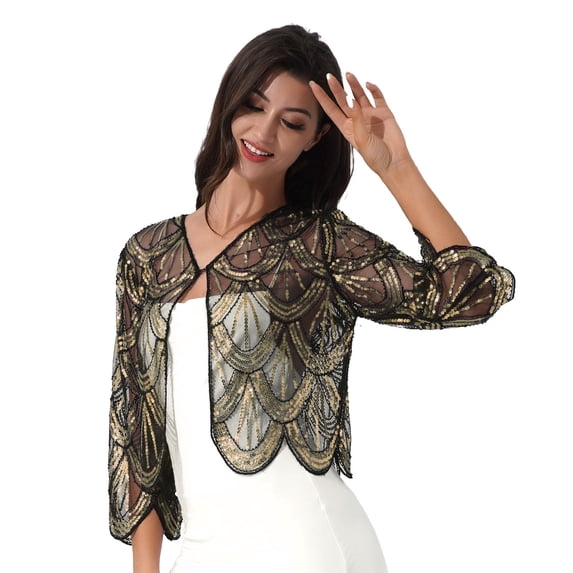 DPOIS Womens Long Sleeve Sequin Lace Shrug Scallop Hem Open Front Bolero Cardigan