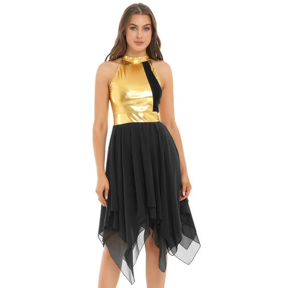 DPOIS Womens Metallic Praise Dance Dresses Liturgical Dancewear Workship Dance Costume Black XXL