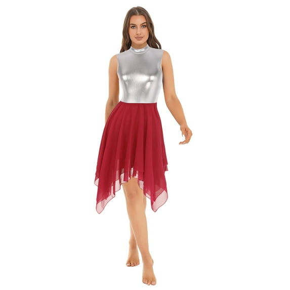 DPOIS Womens Metallic Praise Dance Dresses Liturgical Dancewear Workship Dance Costume Red-A S