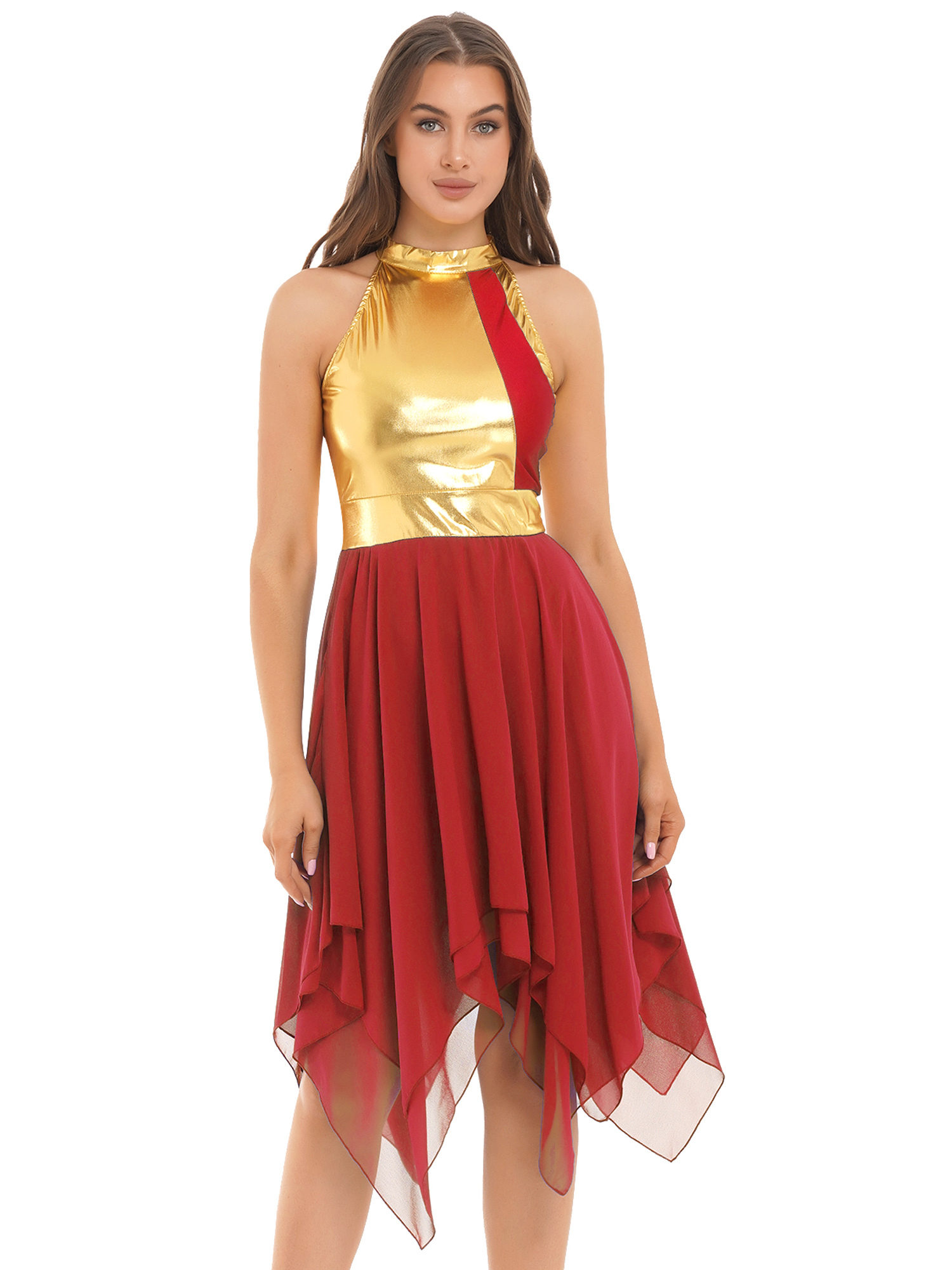 DPOIS Womens Metallic Praise Dance Dresses Liturgical Dancewear Workship Dance Costume Red M