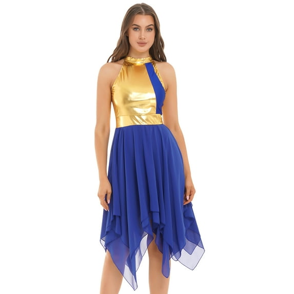 DPOIS Womens Metallic Praise Dance Dresses Liturgical Dancewear Workship Dance Costume Royal Blue XXL