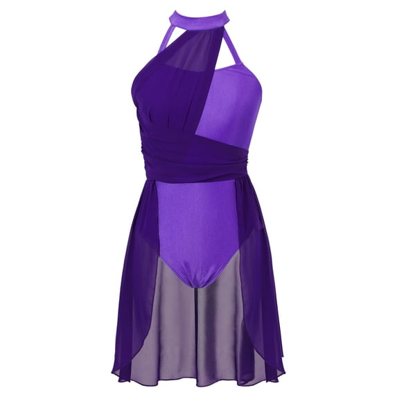 DPOIS Womens Ruched Chiffon Patchwork Dancewear Leotard Dress Dark Purple L