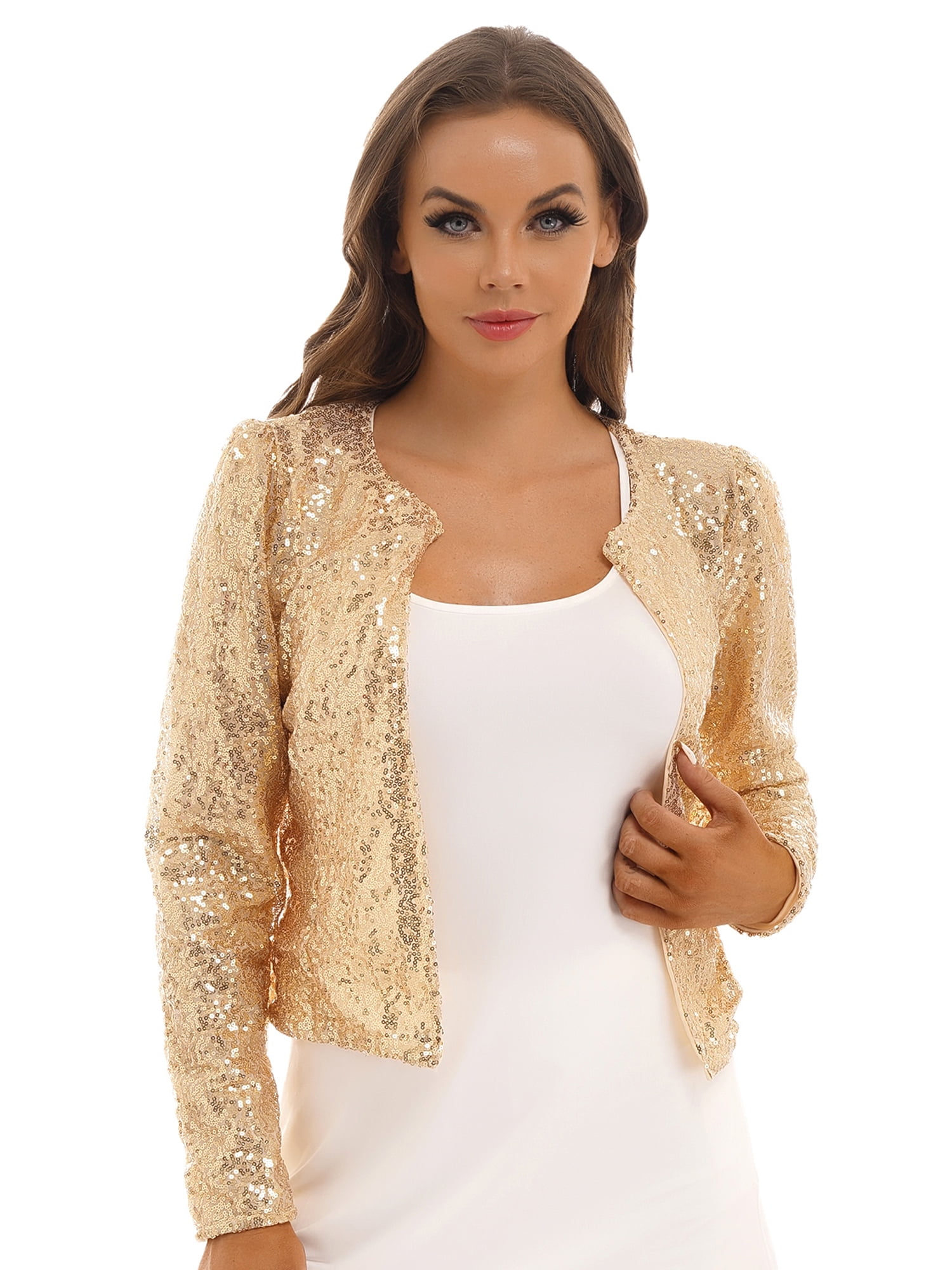 DPOIS Womens Sequin Jacket Long Sleeve Open Front Blazer Evening Party Bolero Shrug Gold S