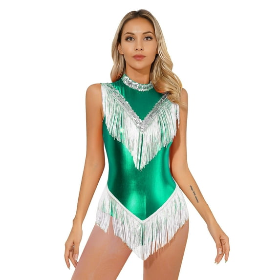 DPOIS Womens Sequins Fringed Latin Dance Leotard Metallic Tassel Bodysuit Green L