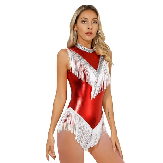 DPOIS Womens Sequins Fringed Latin Dance Leotard Metallic Tassel Bodysuit Red XL