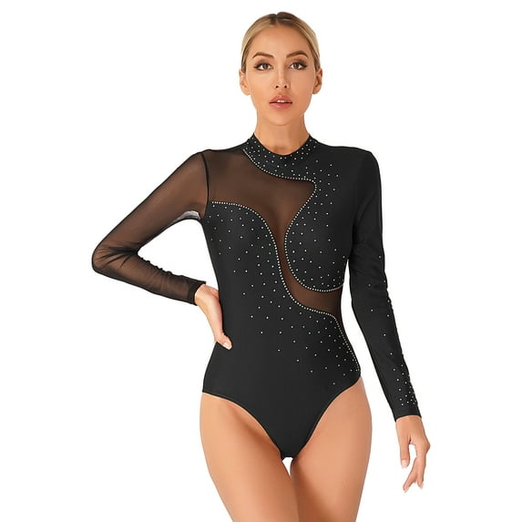 DPOIS Womens Sheer Mesh Long Sleeve Gymnastics Leotards Bodysuit Black XXL