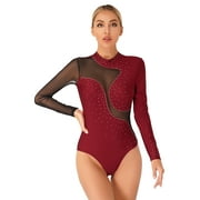 DPOIS Womens Sheer Mesh Long Sleeve Gymnastics Leotards Bodysuit Burgundy M