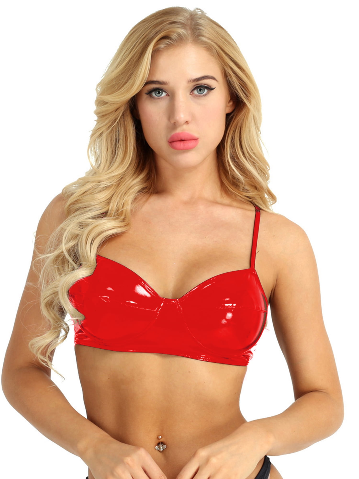 DPOIS Womens Shiny Faux Leather Bra Wetlook No Padded Bralette Corset Red M