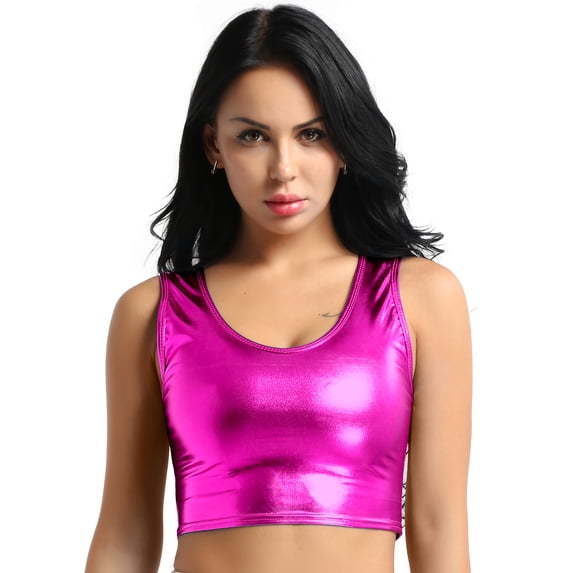 DPOIS Womens Shiny Metallic Sleeveless Crop Tank Tops Sports Bra Vest Dancewear