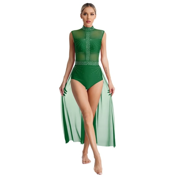 DPOIS Womens Shiny Rhinestone Mesh Skirted Lyrical Dance Leotard Dress Green L