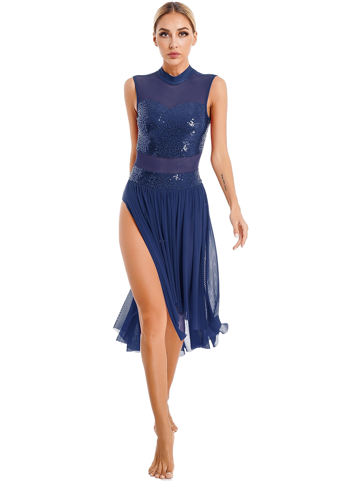 navy blue dance dress Customisable-Women's Navy Round Neck DanceWear Ballroom Dance Dress White