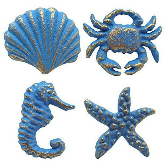 DPOWERFUL Retro Cast Iron Drawer Pulls Handles for Dresser Cupboard Wardrobe Cabinet Kitchen Drawer Handle Beach Ocean Theme Sea Horse Starfish Seashell and Crab Knobs 4 Pack(Blue)