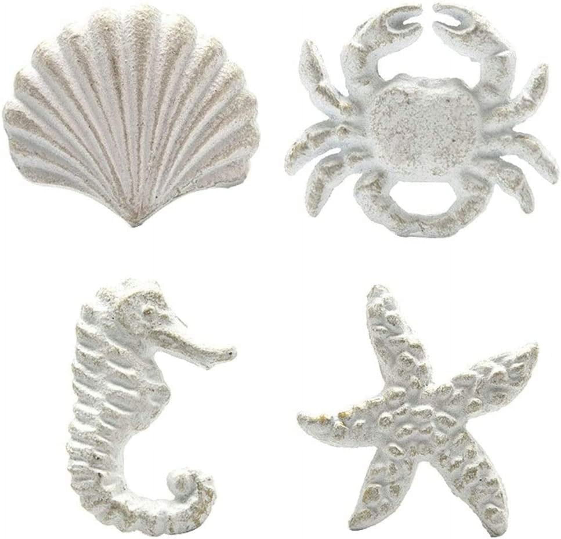 DPOWERFUL Retro Cast Iron Drawer Pulls Handles for Dresser Cupboard Wardrobe Cabinet Kitchen Drawer Handle Beach Ocean Theme Sea Horse Starfish Seashell and Crab Knobs 4 Pack(White)