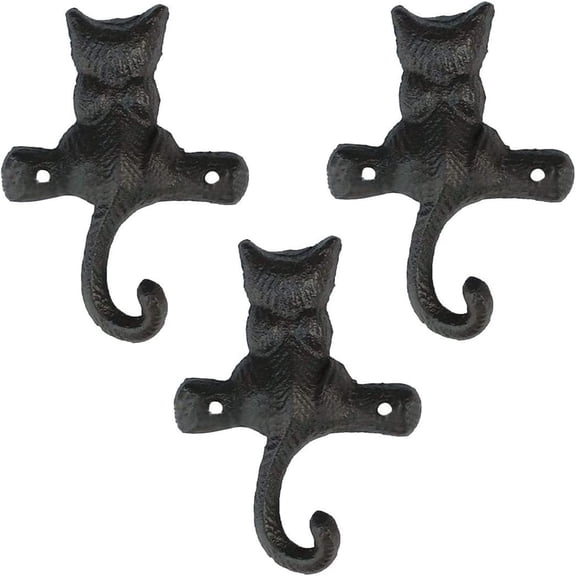 DPOWERFUL Vintage Cat Design Cast Iron Wall Hooks - Rustic Metal Coat, Hat & Towel Hangers, Decorative Key Holder for Entryway, Farmhouse Decor with Mounting Hardware, 3 Pack