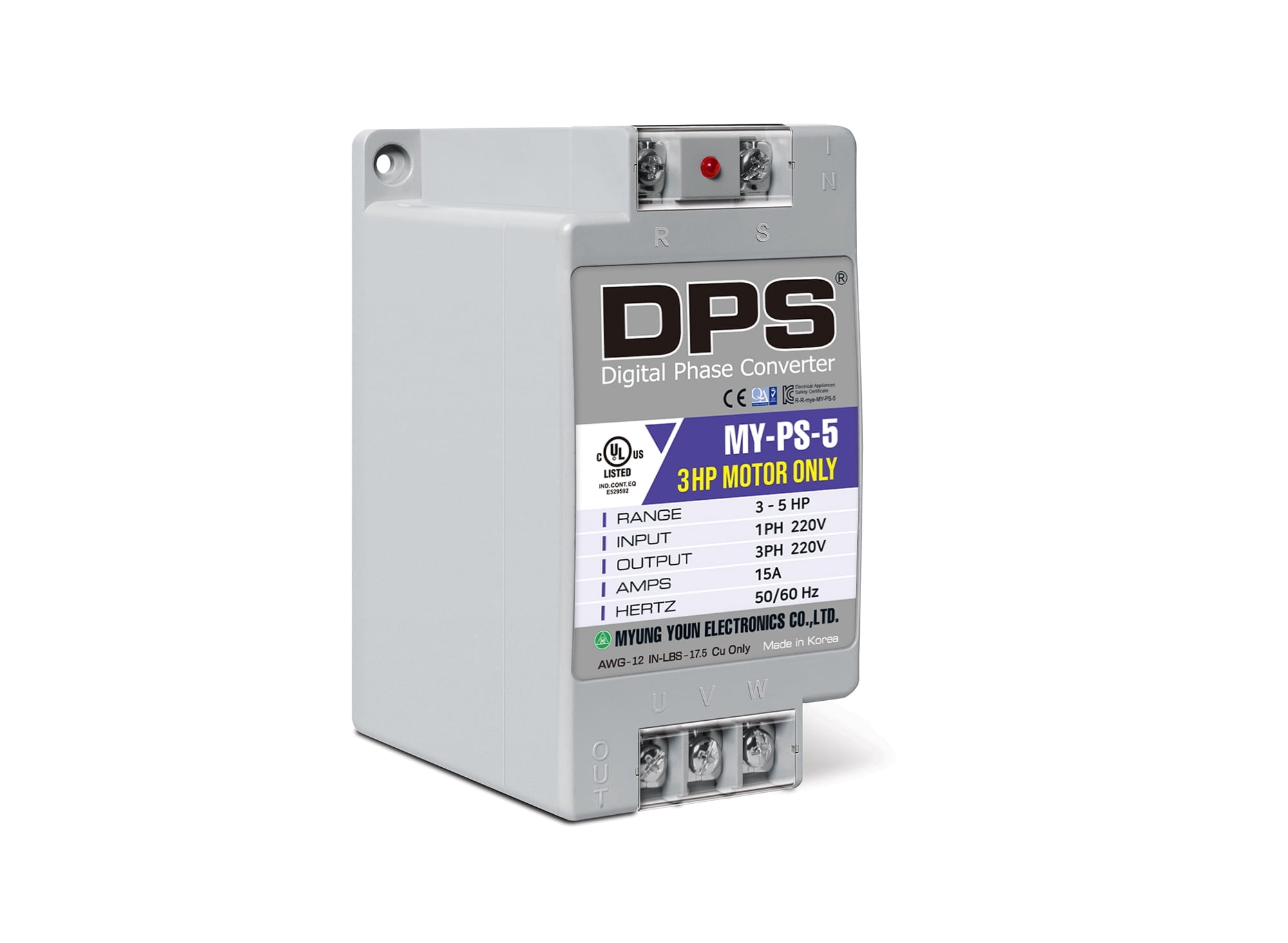 DPS Used for 3HP(2.2kW) 9A Motor, Single to 3 Phase Converter, MY-PS-5, 1 DPS Must Be Used for 1 Motor Only, Input/Output 200-240V, UL Listed