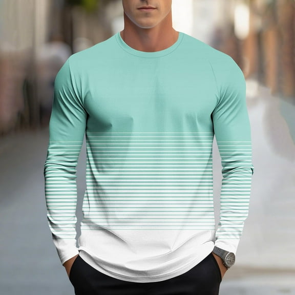 DPTALR George Men Fashion Casual Striped Print Sports Long Sleeves Round-Neck Blouses Shirts,Light Blue,Big and Tall Men XL