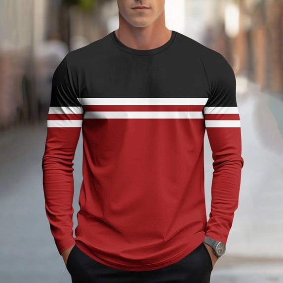 DPTALR George Men Fashion Casual Striped Print Sports Long Sleeves Round-Neck Blouses Shirts,Red,Big and Tall Men XXXL