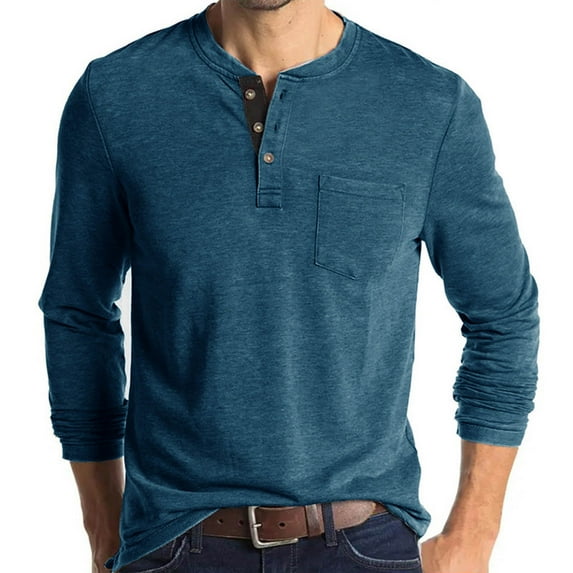 DPTALR George Men Long-Sleeve Beefy Muscle Basic Solid Pure Color Blouse Tee Shirt Top Long Sleeve Round-Neck Blouses &,Blue,Big and Tall Men M