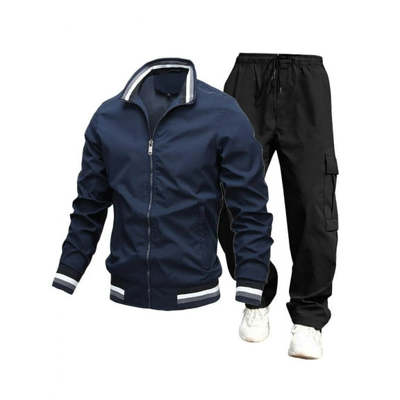 DPTALR George Men Track Suits Sets Long Sleeve Full-Zip Sweatsuit Active Thin Jackets and Cargo Pants 2 Piece Outfits Leisure Navy Big and Tall Men XXXL