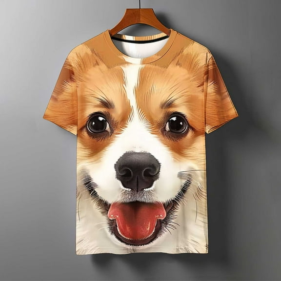 DPTALR George Men's 3D Graphic Funny Dog Face Athletic Short Sleeve Tee,Full Print Casual Summer Tops,Gold,Big and Tall Men XXL