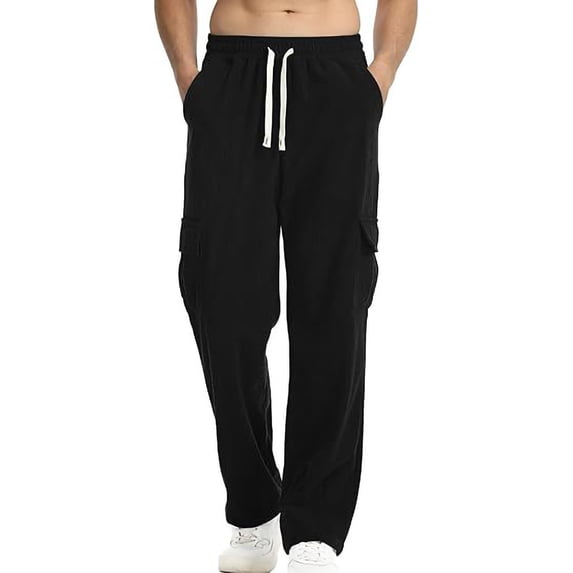 DPTALR Men's Baggy Wide Leg Corduroy Cargo Pants with Elastic Waist, Drawstring, Black Big and Tall Men M