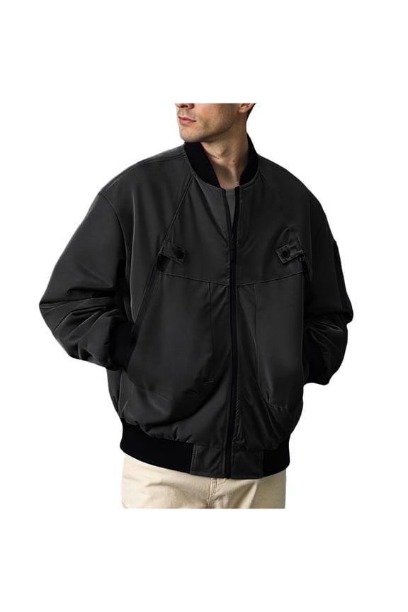 Men's Baseball Collar Jacket Multi-Pocket Jacket Thin Windproof Multi-Zip Flight Jacket Black Big and Tall Men XXXL