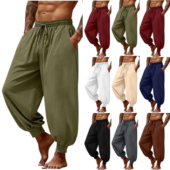 DPTALR Men's Boho Yoga Casual Pants Elastic Waist Drawstring Multi-Pocket Solid Trousers,Army Green,XL
