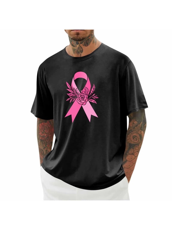 Men's Breast Cancer Awareness Casual Shirts,Pink Ribbon T-Shirts,Cancer Fighter Tops,Black,L