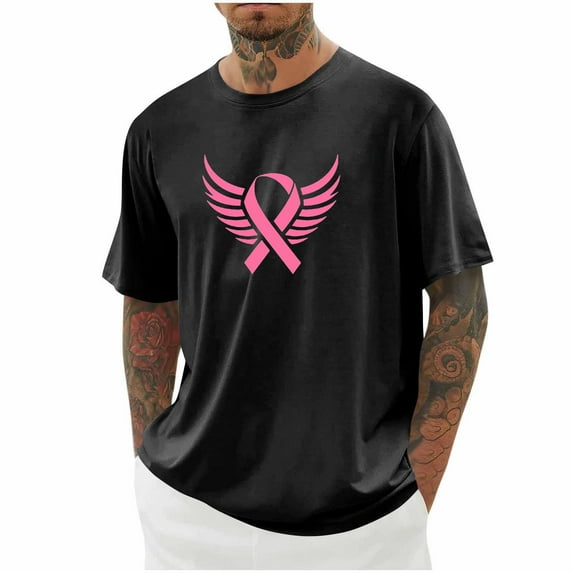 DPTALR Men's Breast Cancer Awareness Casual Shirts,Pink Ribbon T-Shirts,Cancer Fighter Tops,Black,XXL