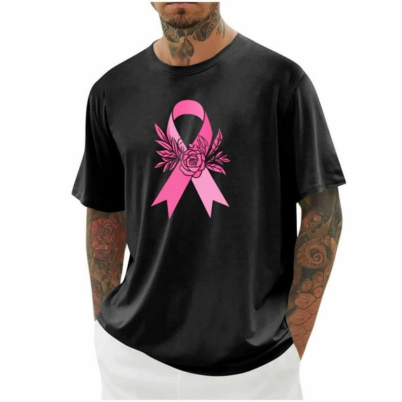 DPTALR Men's Breast Cancer Awareness Casual Shirts,Pink Ribbon T-Shirts,Cancer Fighter Tops,Black,XXXL