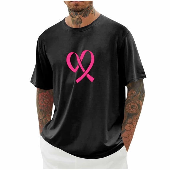 DPTALR Men's Breast Cancer Awareness Casual Shirts,Pink Ribbon T-Shirts,Cancer Fighter Tops,Black,XXXXXL