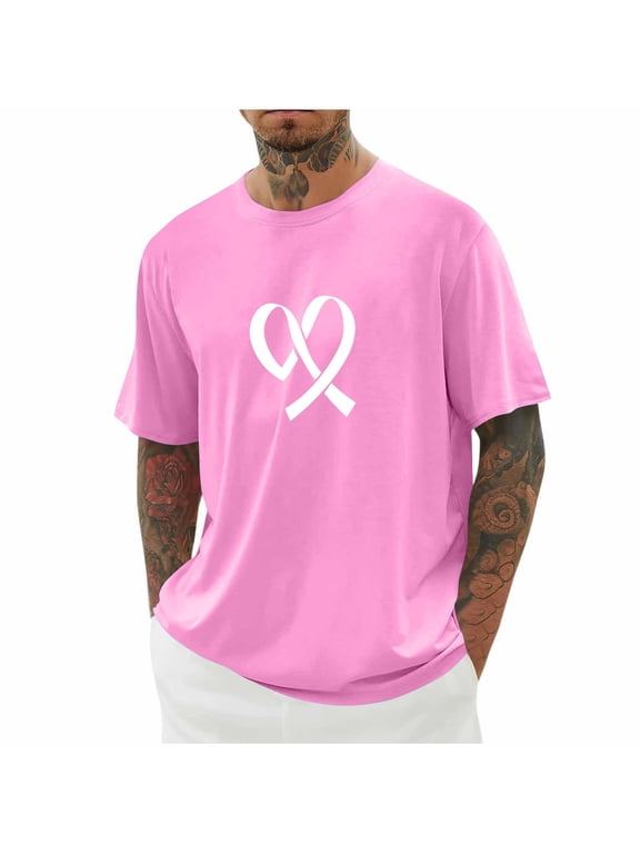 Men's Breast Cancer Awareness Casual Shirts,Pink Ribbon T-Shirts,Cancer Fighter Tops,Pink,L