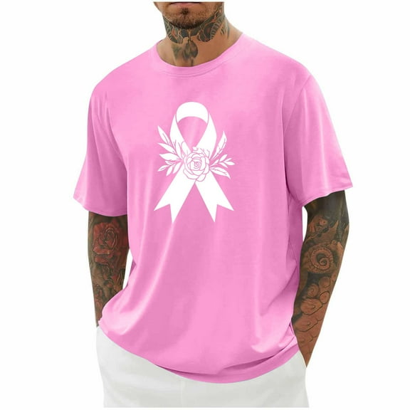 DPTALR George Men's Breast Cancer Awareness Casual Shirts,Pink Ribbon T-Shirts,Cancer Fighter Tops,Pink,Big and Tall Men M