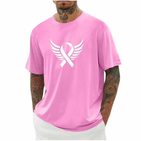 DPTALR Men's Breast Cancer Awareness Casual Shirts,Pink Ribbon T-Shirts,Cancer Fighter Tops,Pink,XXL