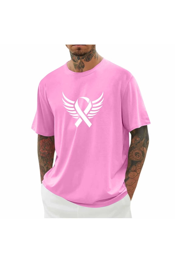 Men's Breast Cancer Awareness Casual Shirts,Pink Ribbon T-Shirts,Cancer Fighter Tops,Pink,XXXXL