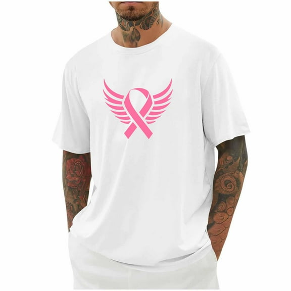 DPTALR George Men's Breast Cancer Awareness Casual Shirts,Pink Ribbon T-Shirts,Cancer Fighter Tops,White,Big and Tall Men XL
