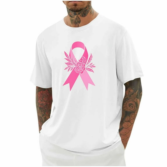 DPTALR Men's Breast Cancer Awareness Casual Shirts,Pink Ribbon T-Shirts,Cancer Fighter Tops,White,XXL