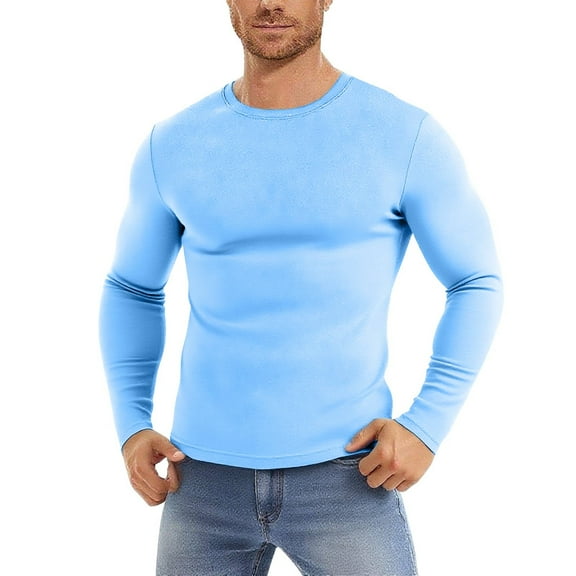 DPTALR George Men's Breathable Elasticity Solid Color Sport Long Sleeves Round Neck Shirt,Light Blue,Big and Tall Men L