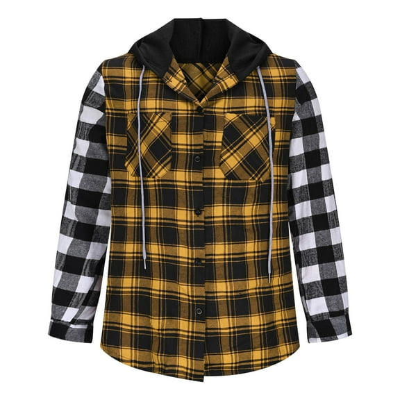 DPTALR George Men's Brushed Plaid Button Down Hooded Shirt Jacket,Color Blocked Long Sleeved Top,Yellow,Big and Tall Men M