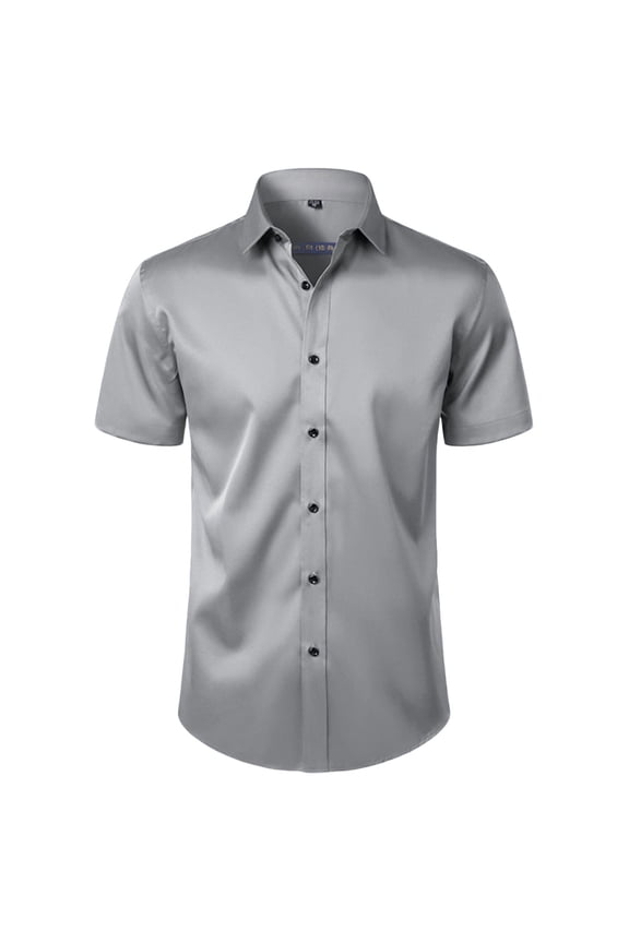 Men's Business Casual Solid Color Shirt,Short Sleeve Turn-Down Collar,Button-Front Closure,Wrinkle-Resistant,Gray,Big and Tall Man L
