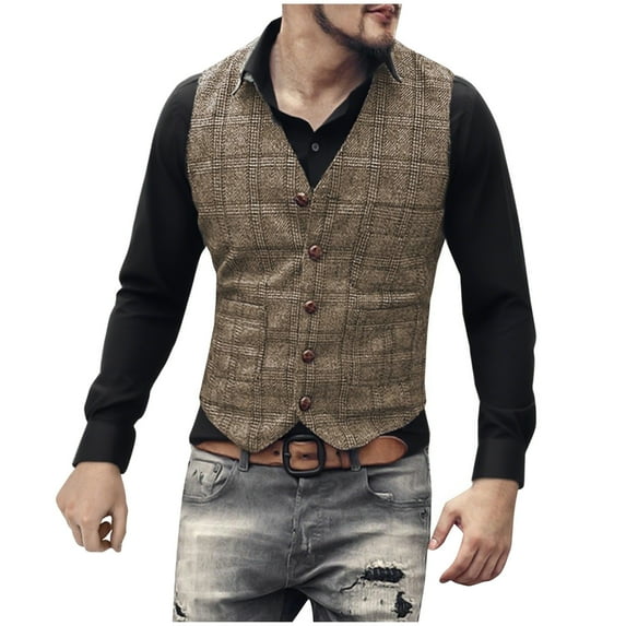 DPTALR George Men's Business Casual Suit Vest Waistcoat Plaid Vintage Groosmen Blazer Vest Lightweight Button Down Lapel Waistcoat Brown Big and Tall Men S
