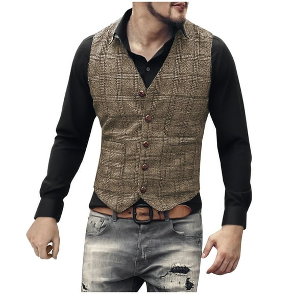 DPTALR George Men's Business Casual Suit Vest Waistcoat Plaid Vintage Groosmen Blazer Vest Lightweight Button Down Lapel Waistcoat Brown Big and Tall Men XXL