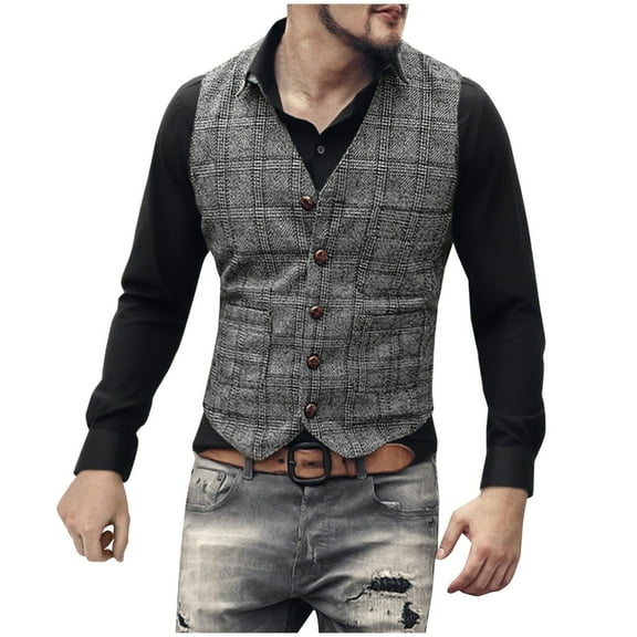 DPTALR George Men's Business Casual Suit Vest Waistcoat Plaid Vintage Groosmen Blazer Vest Lightweight Button Down Lapel Waistcoat Gray Big and Tall Men S