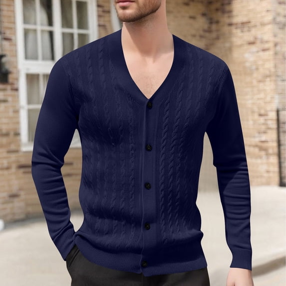 DPTALR Men's Cable Knit Cardigan V-Neck Sweater Classic Casual Knitwear with Buttons Navy Big and Tall Men XL