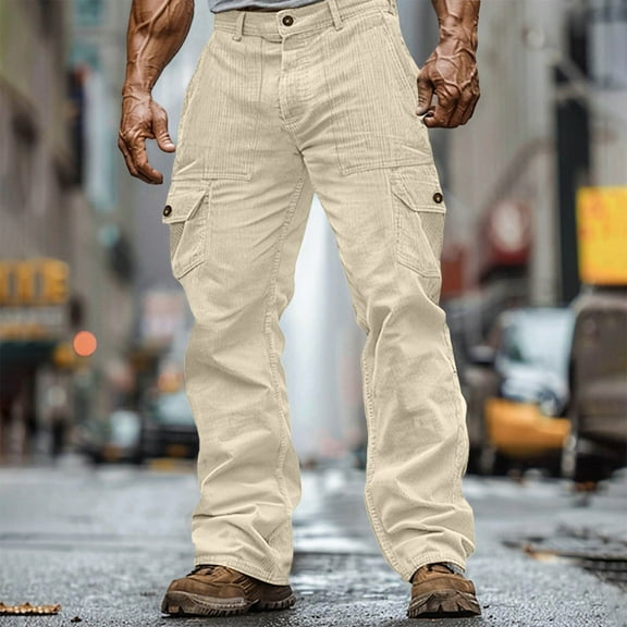 DPTALR George Men's Cargo Pants,Soft Cotton with Deep Pockets and Belt,for Work and Travel,Beige,Big and Tall Men L